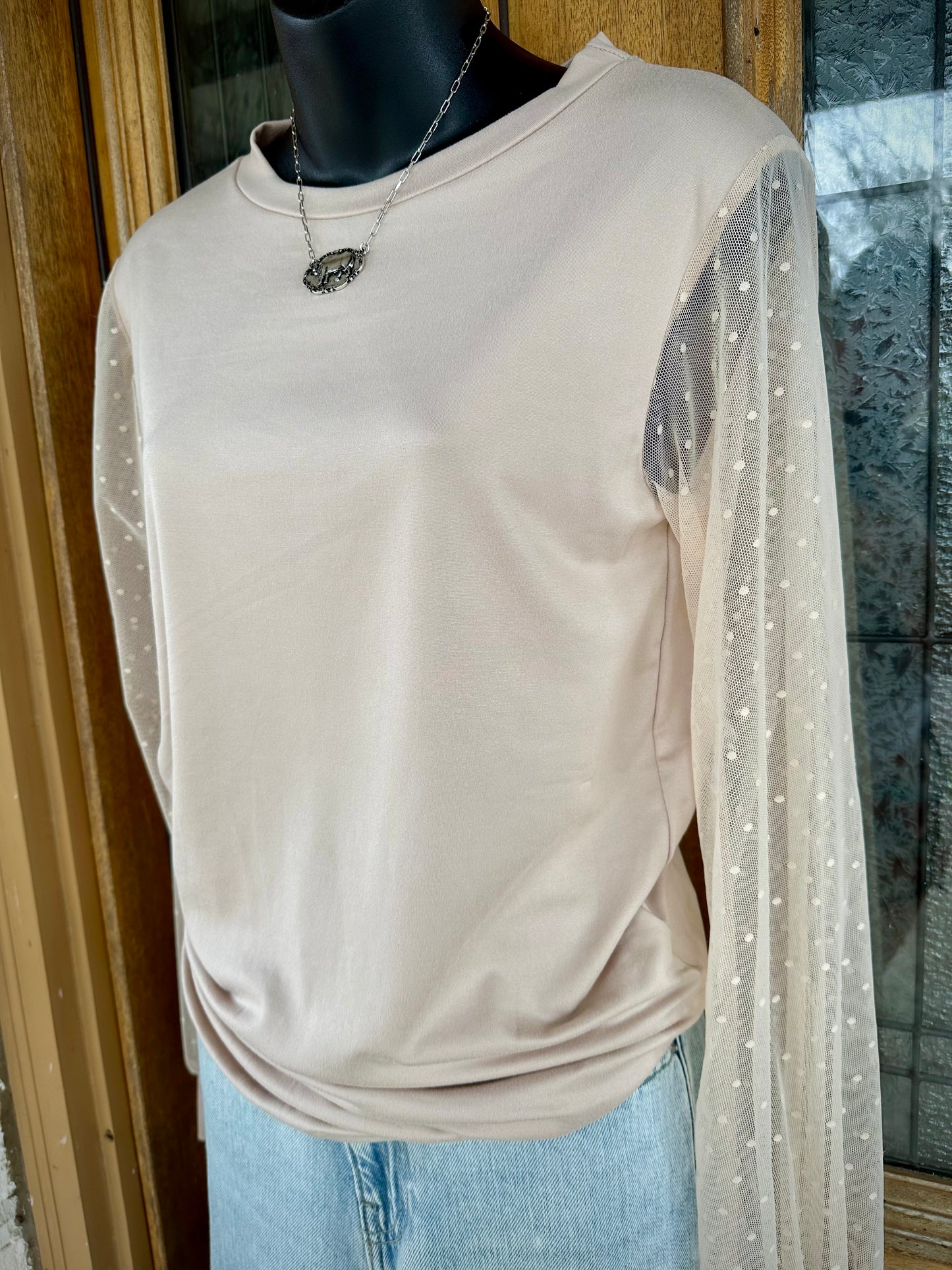 Solid Tunic Top with Lace Sleeves - Beige