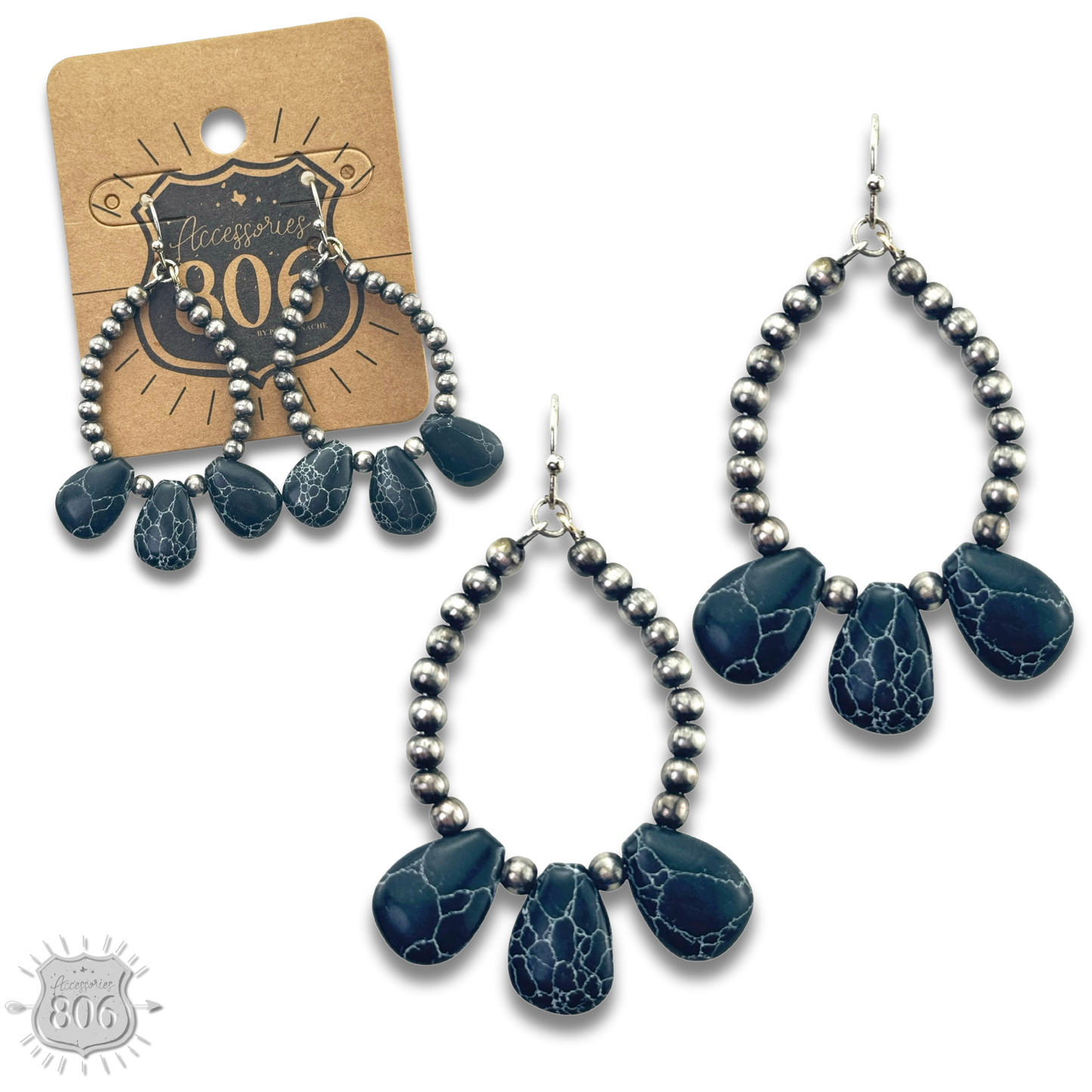 Burnished bead and stone teardrop earring - LC: Black