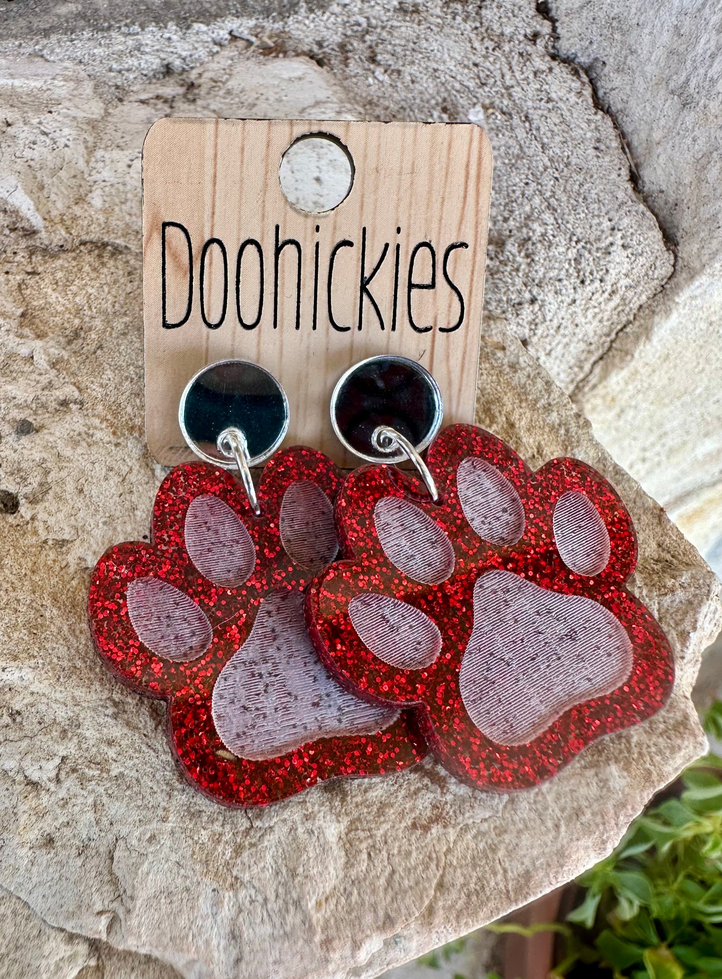 Engraved Paw Spirit Dangle Earrings: Red Glitter
