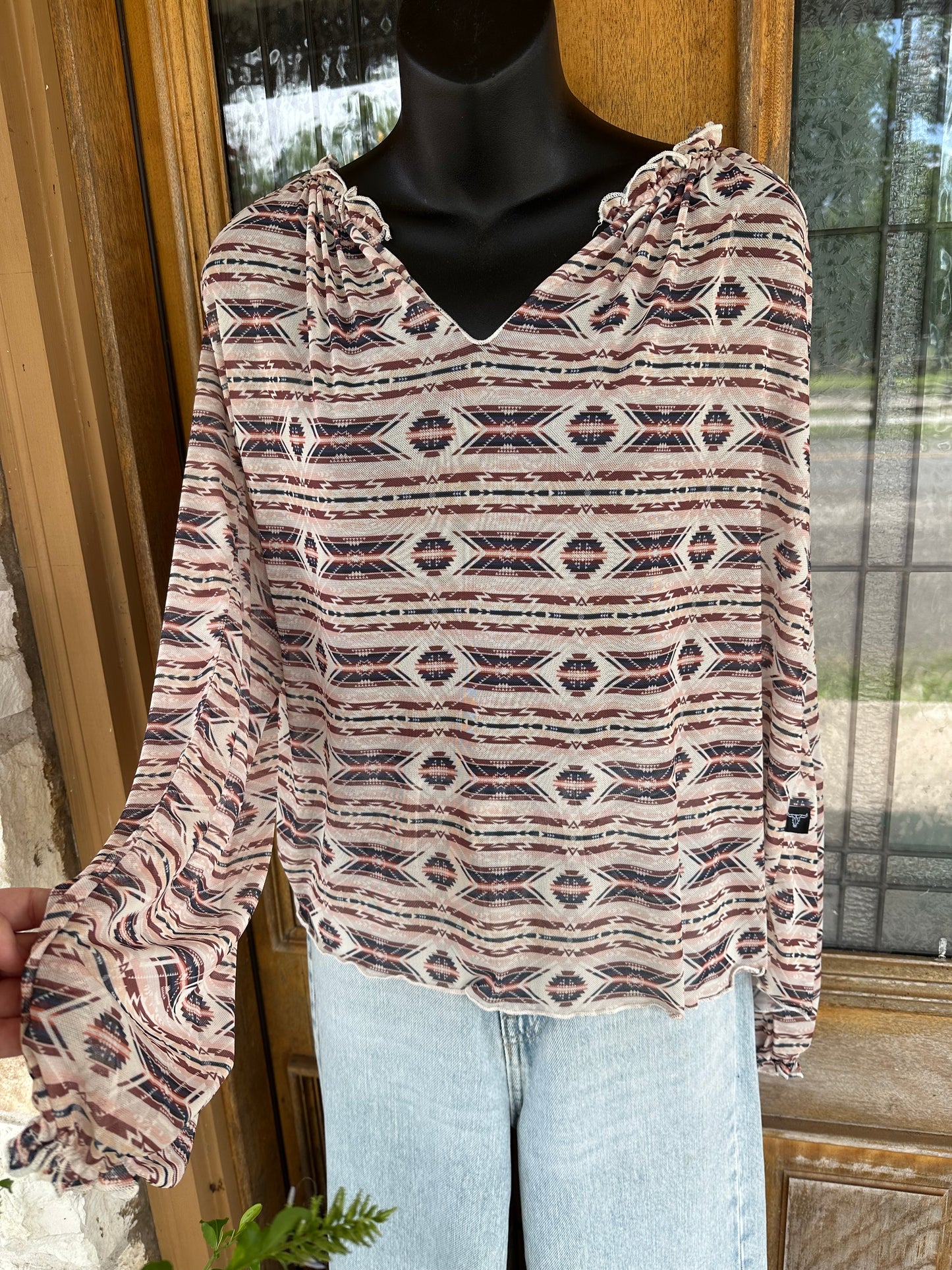 Brown Aztec Long Sleeve Mesh Top - Plus Size