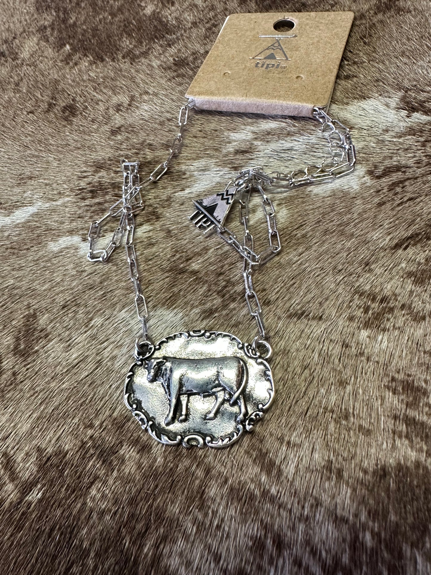 Barnyard Belle Cow Silvertone Necklace