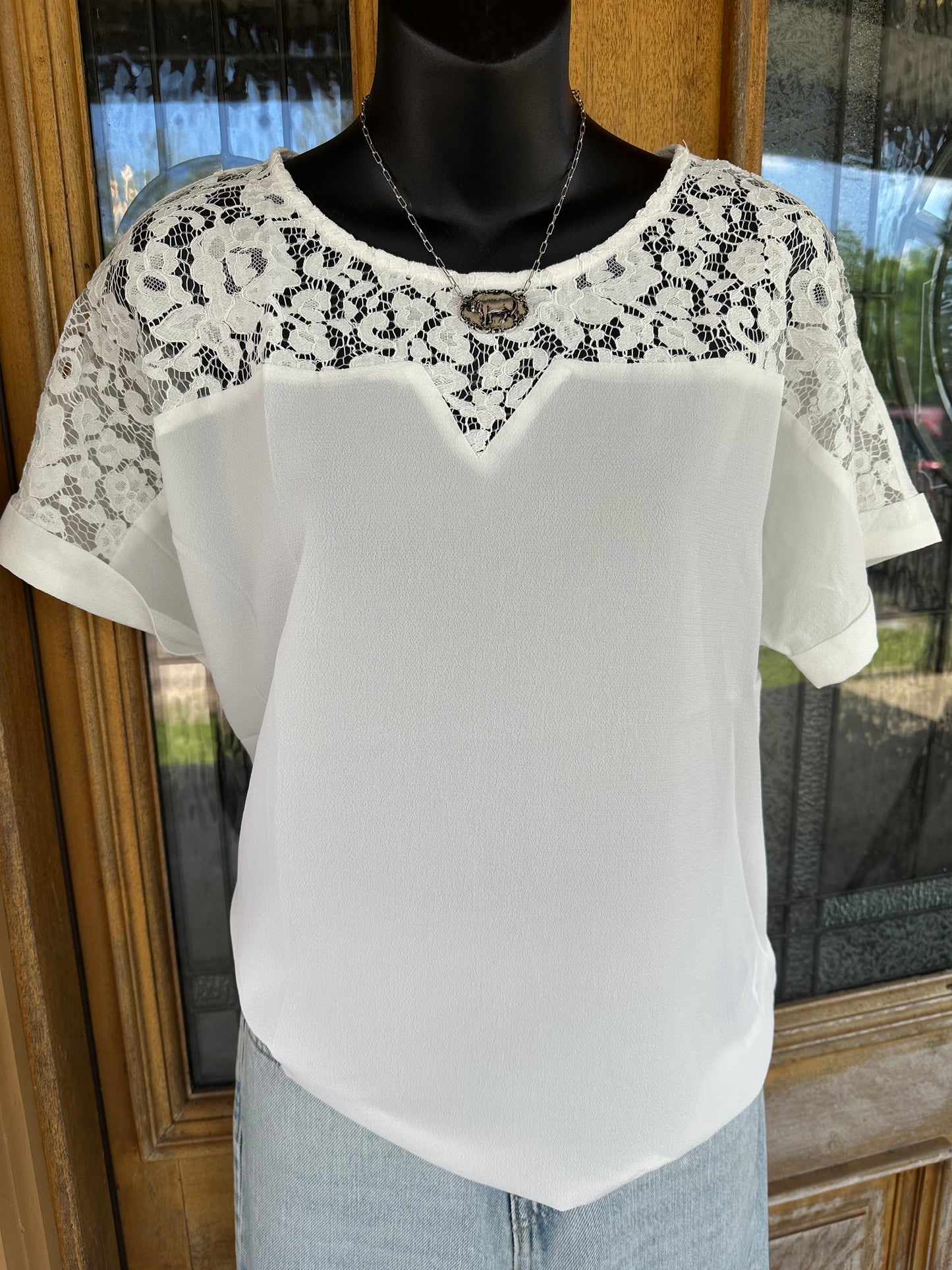 Melanie's Lace Contrast Woven Top