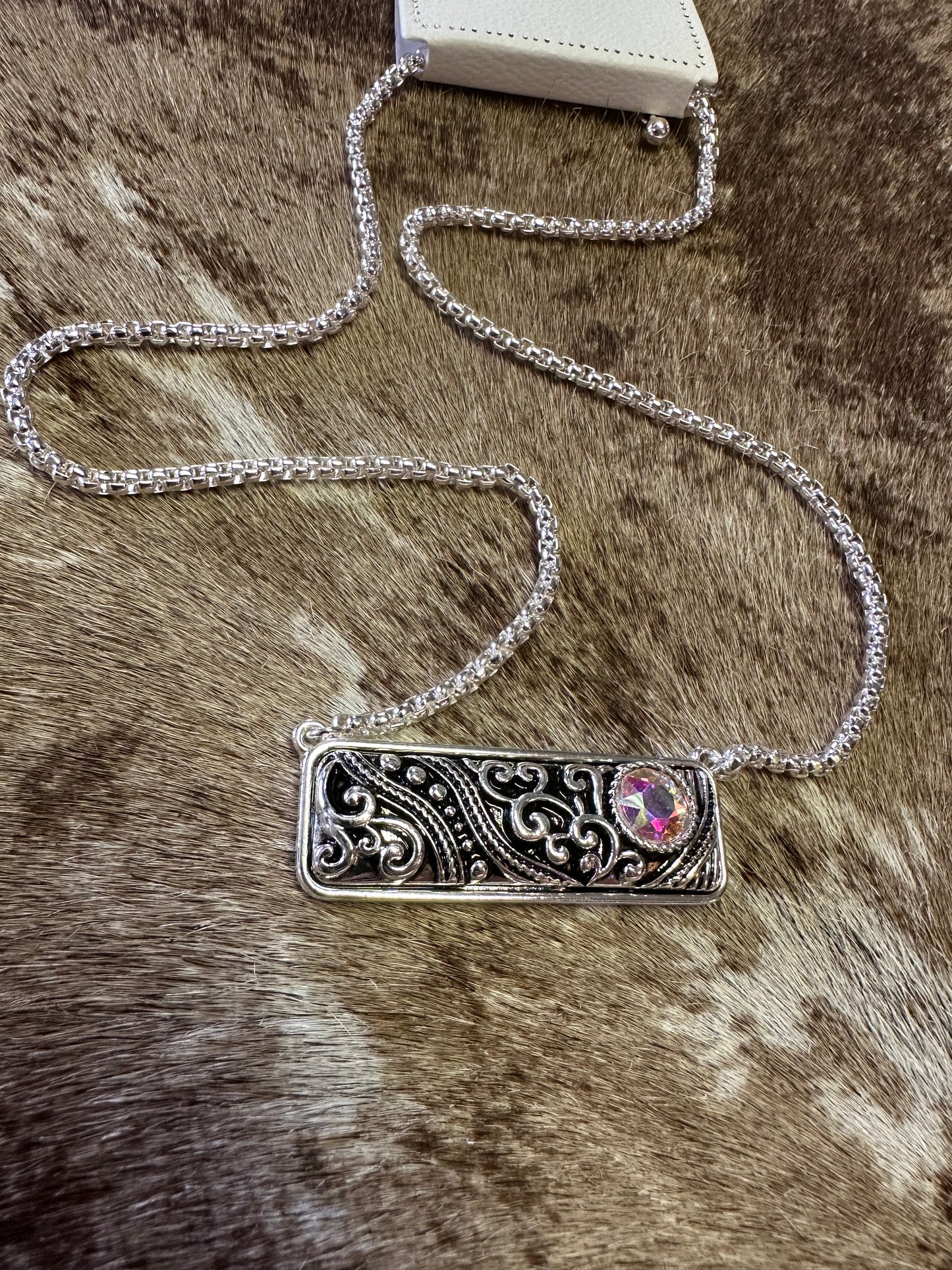 Iridescent Rhinestone Scroll Vienna Silvertone Necklace