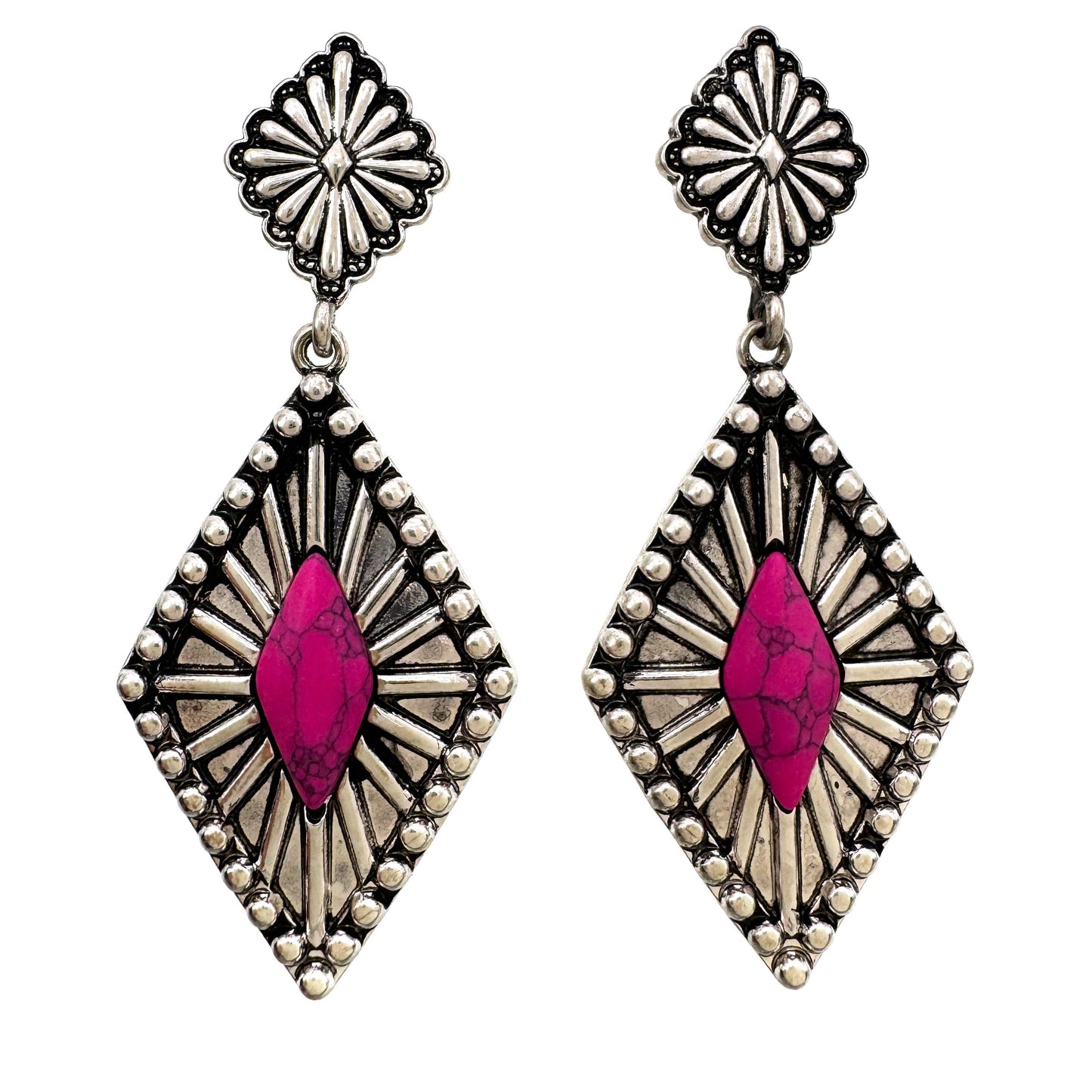 Diamond Navajo Sun Ray Stone Dangle Earrings: Pink