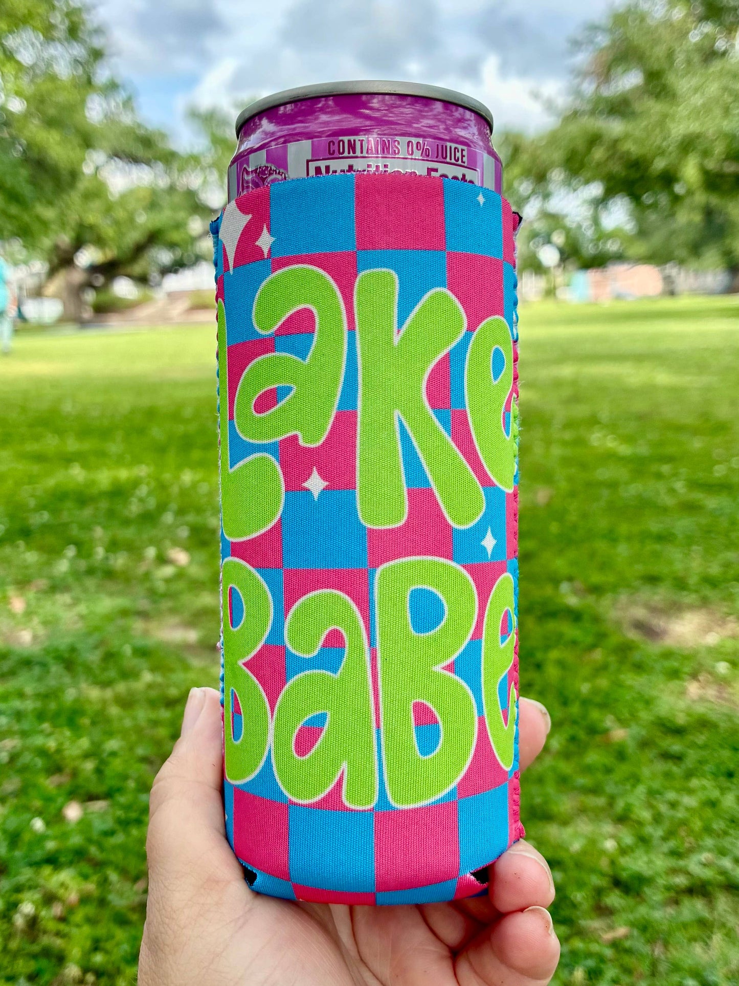 Lake babe summer checkered print koozies: Slims