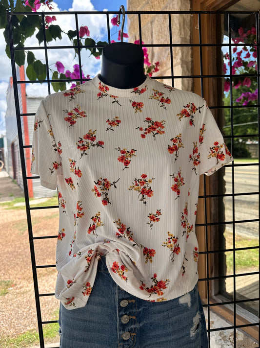 Mocked Neck Floral Ribbed Top - White