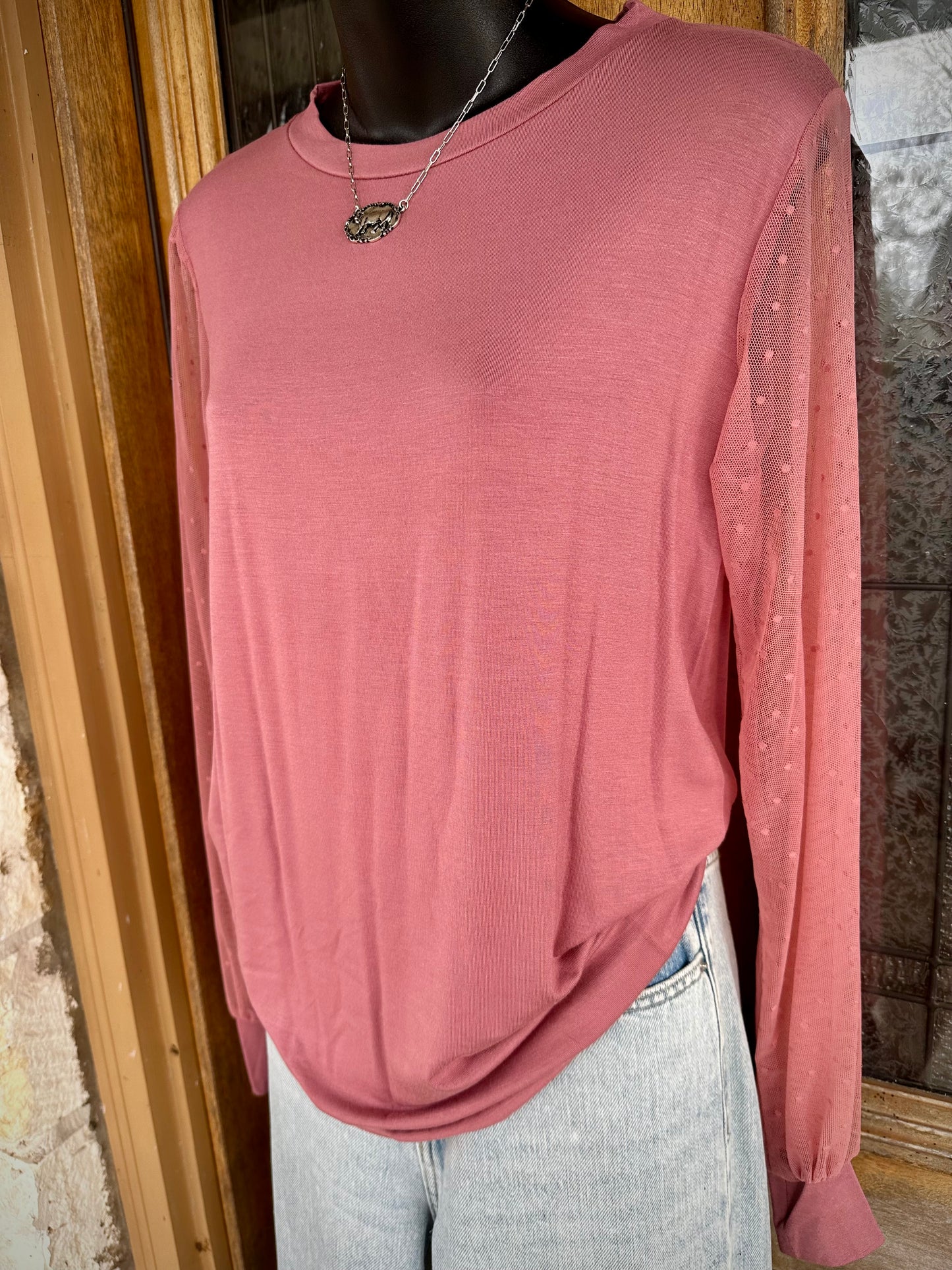 Solid Tunic Top with Lace Sleeves - Rose