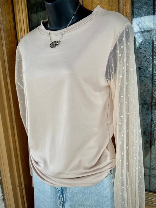 Solid Tunic Top with Lace Sleeves - Beige