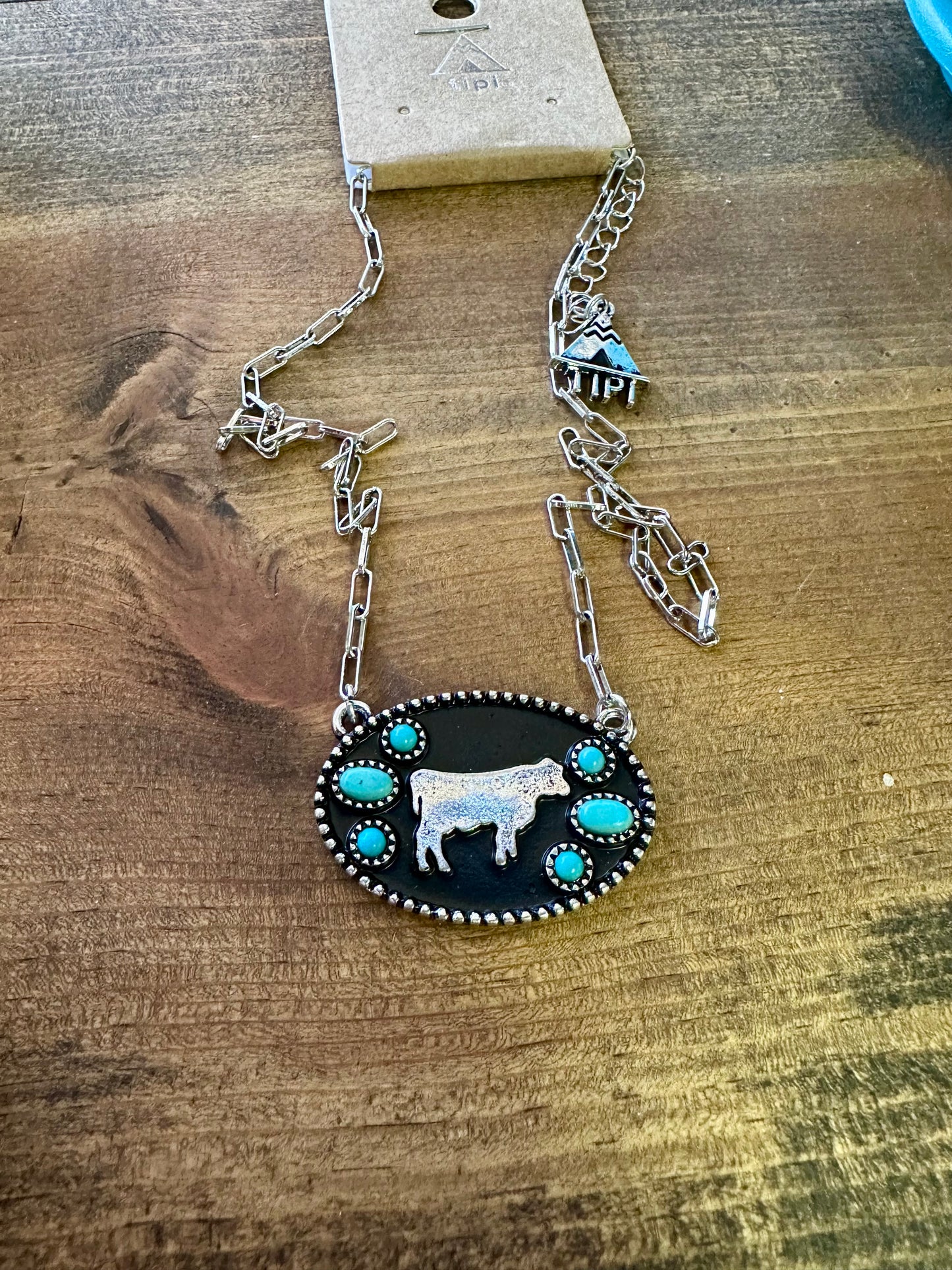 Pasture Pal Cow Turquoise & Silvertone Necklace