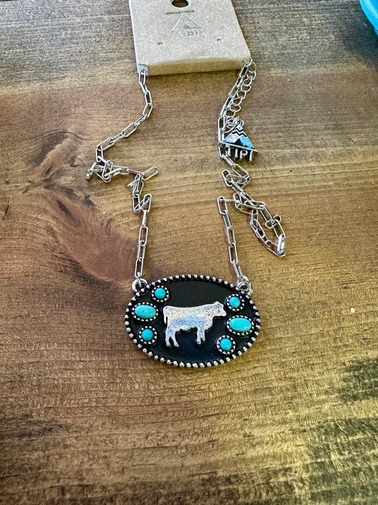 Pasture Pal Cow Turquoise & Silvertone Necklace