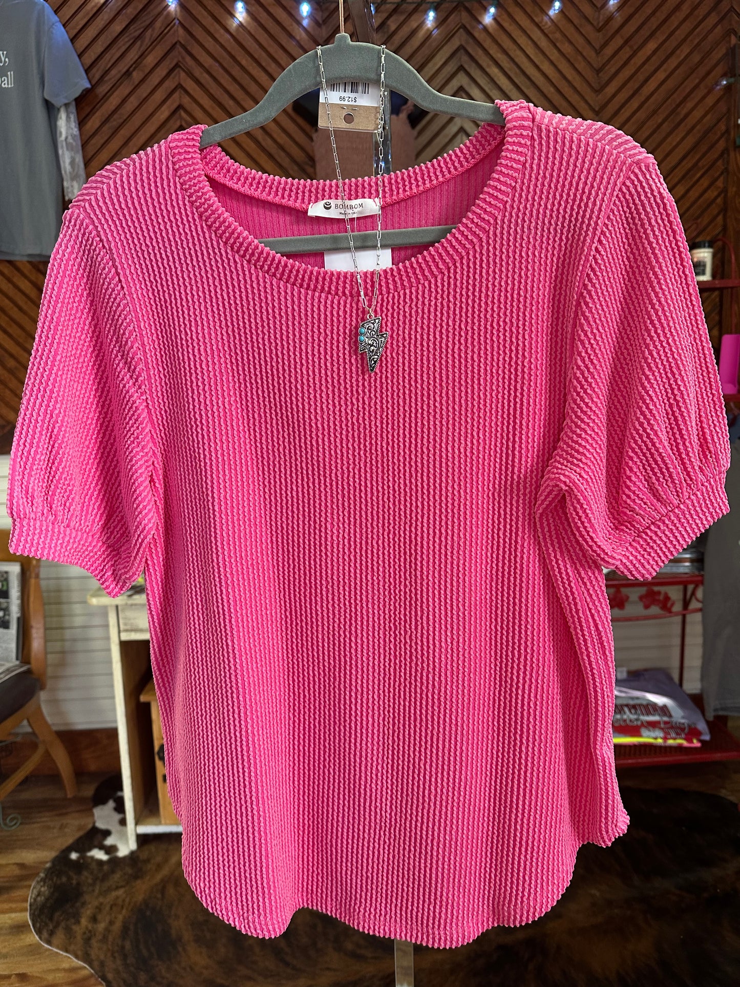 Puff Sleeve Rib Top - Dark Pink