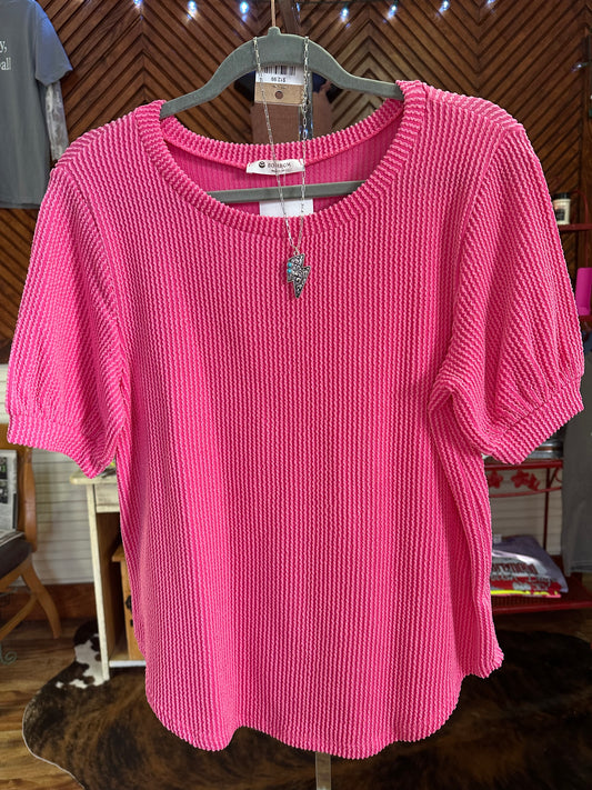 Puff Sleeve Rib Top - Dark Pink