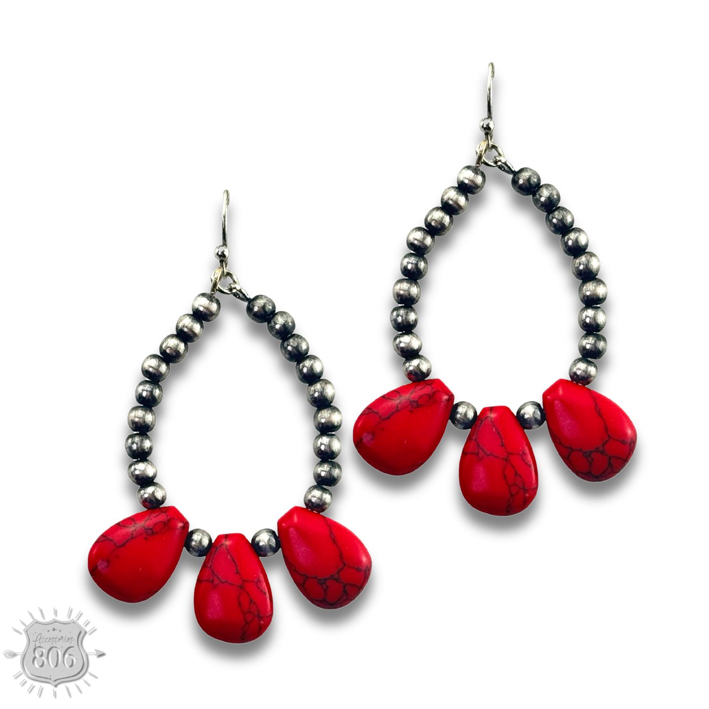Burnished bead and stone teardrop earring - LC: Red