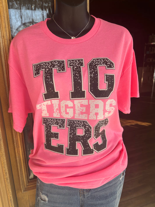 Neon Pink Faux Glitter Tigers Tee