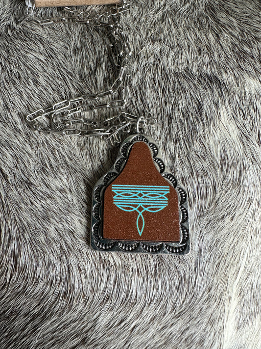 Turquoise Signature Stitches Brown Cattle Tag Silvertone Necklace