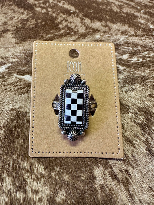 Checkered Print Western Stretch Ring: Black