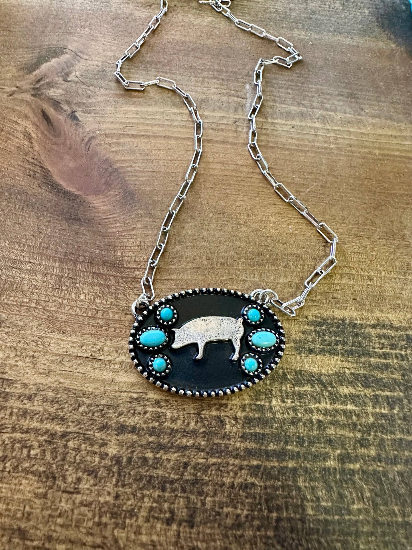 Pasture Pal Pig Turquoise & Silvertone Necklace