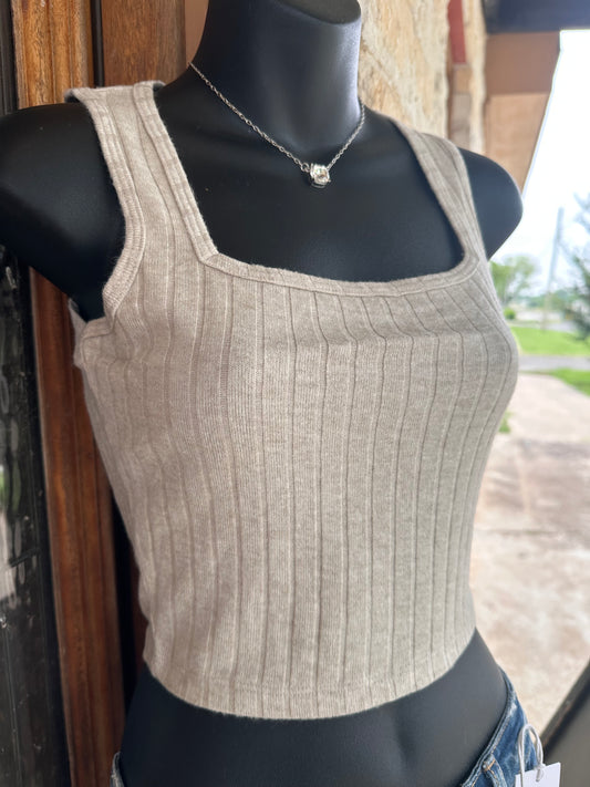 Ribbed Square Neck Cropped Sleeveless Top - Ash Mocha