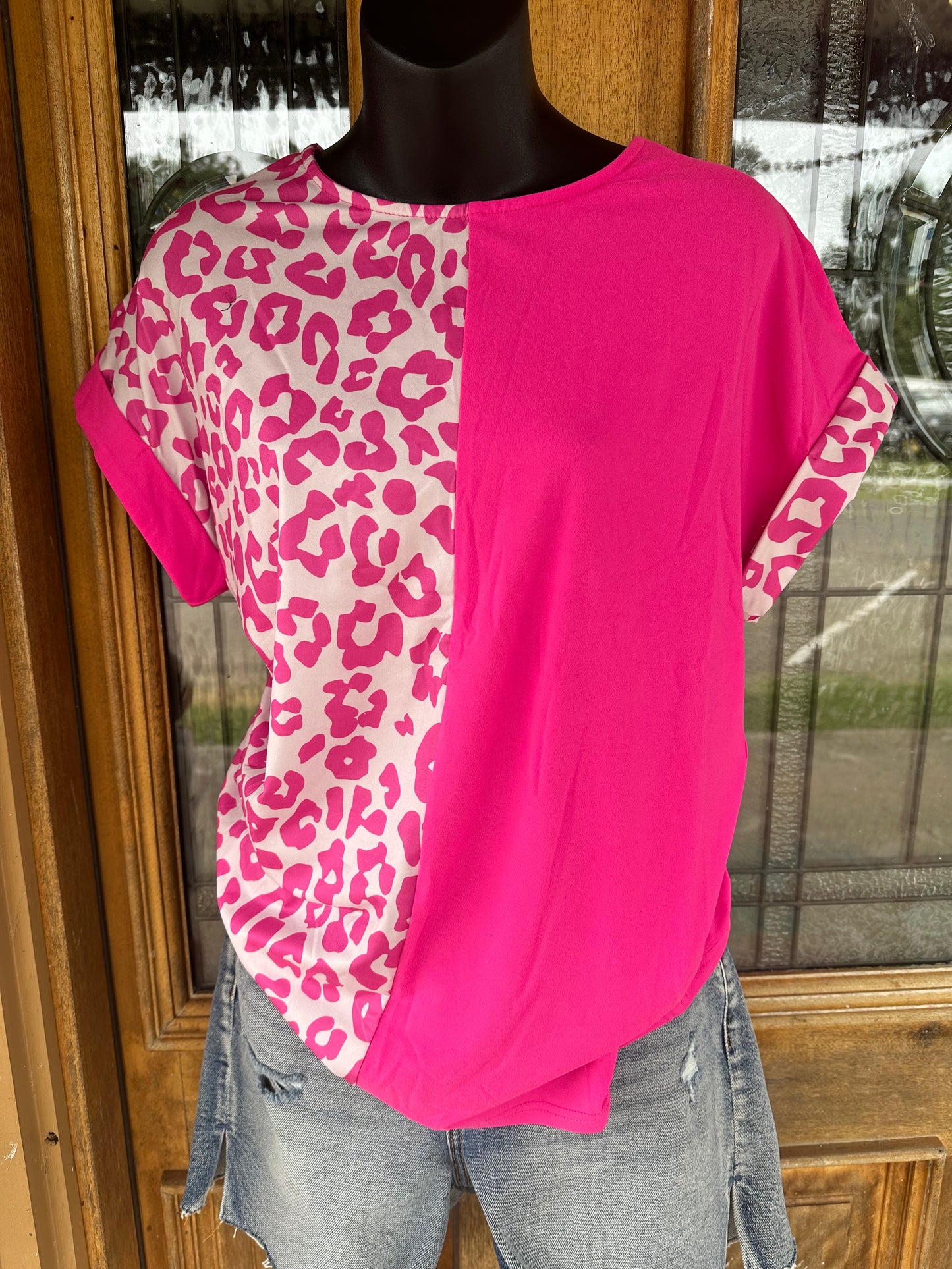 Split Leopard Top - Pink