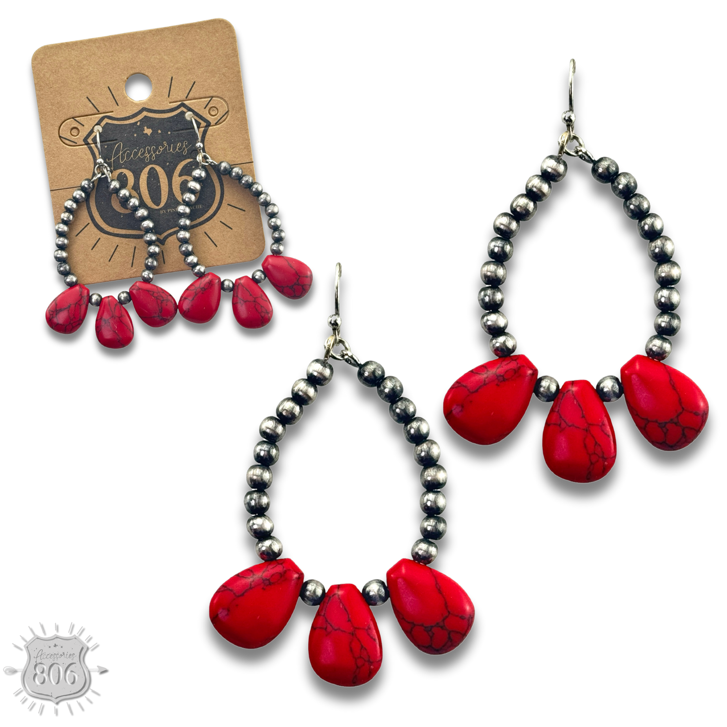 Burnished bead and stone teardrop earring - LC: Red