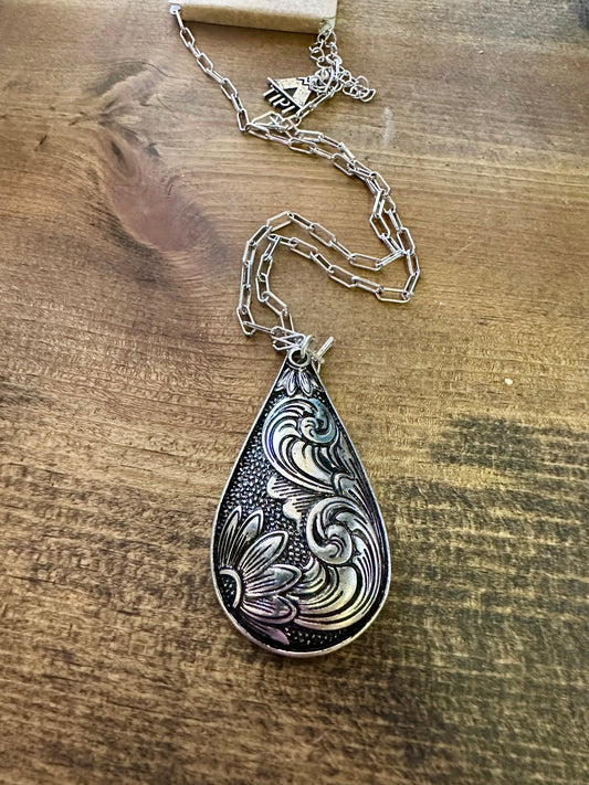 Sunpetal Swirl Silvertone Teardrop Necklace