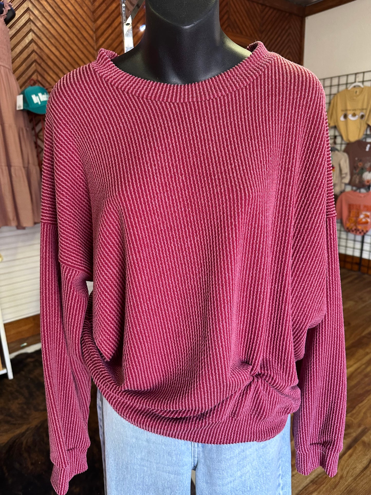 Ribbed Oversized Sweatshirt - Burgundy