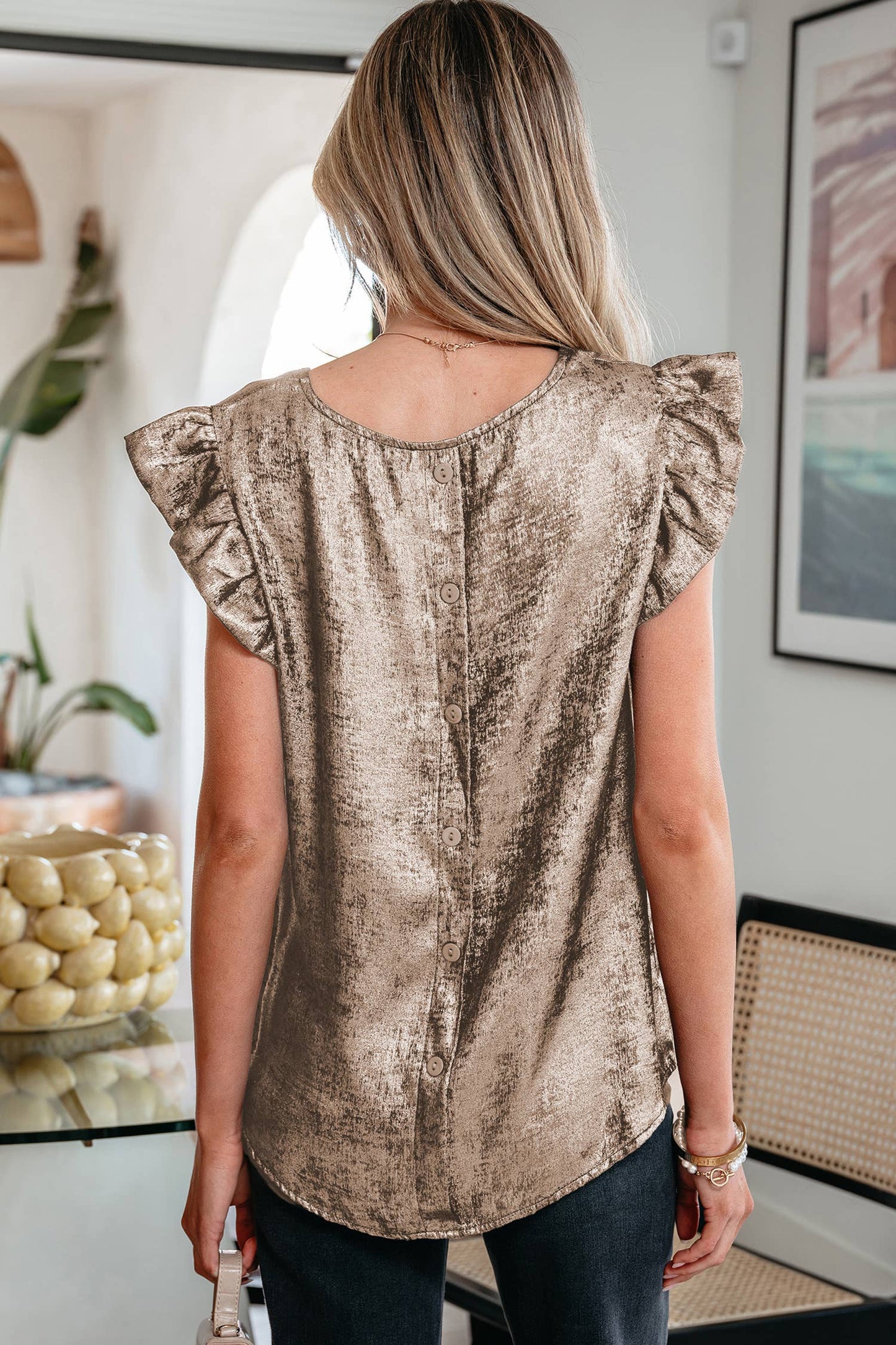 Metallic Ruffle Trim Sleeveless Round Neck Top: Gold