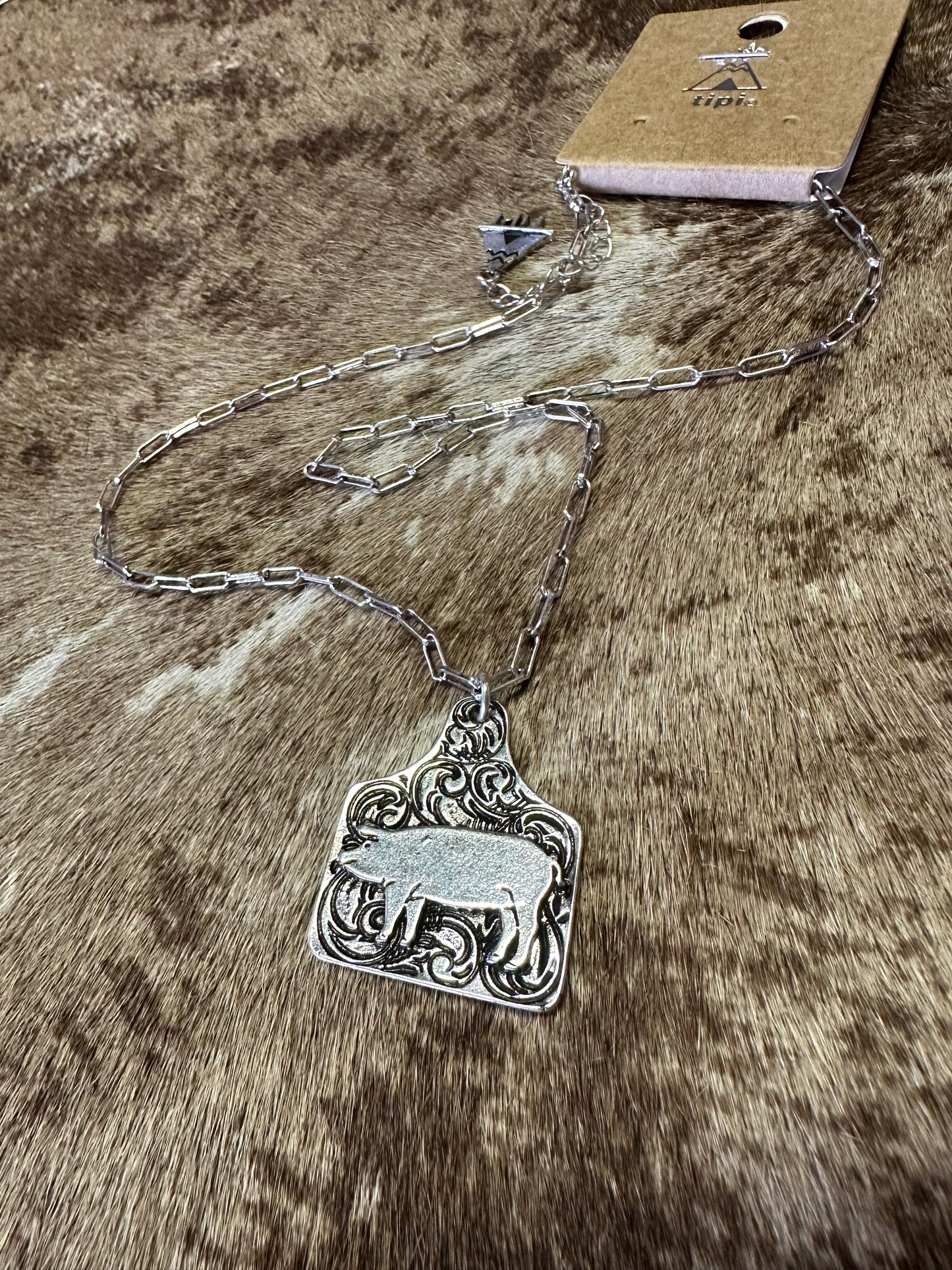 Farmhouse Friend Pig Silvertone Cattle Tag Necklace
