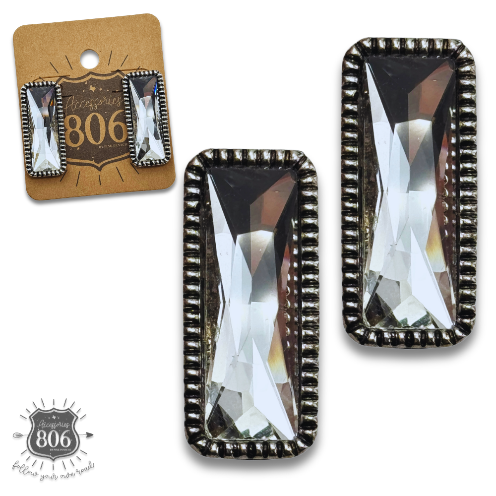 Western rectangle rhinestone earring: Clear