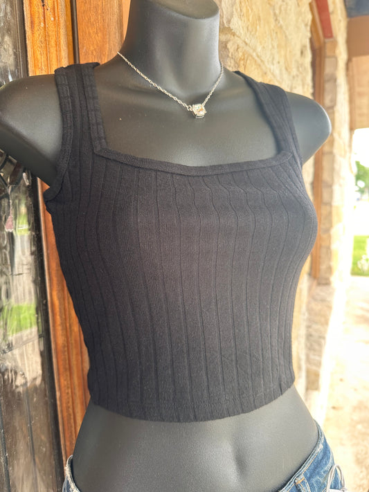 Ribbed Square Neck Cropped Sleeveless Top - Black