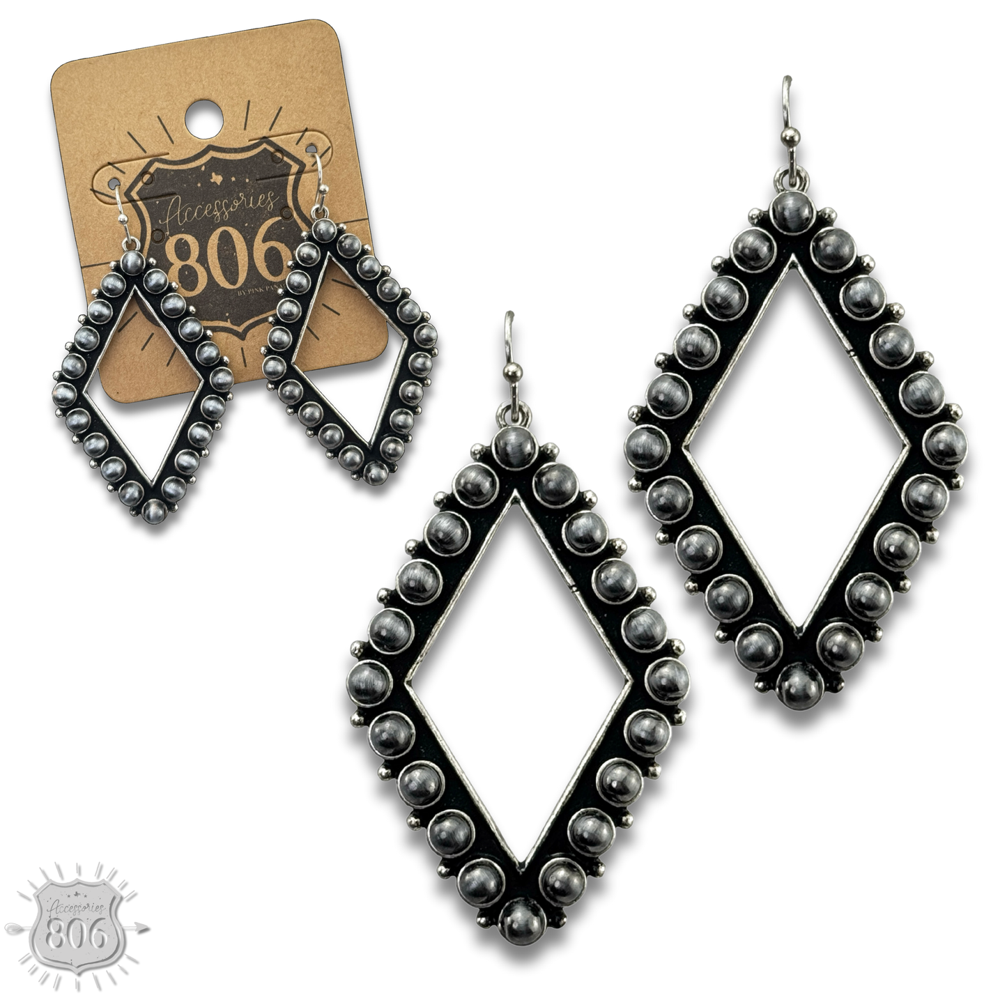 Stone bead diamond shape earring: Silver