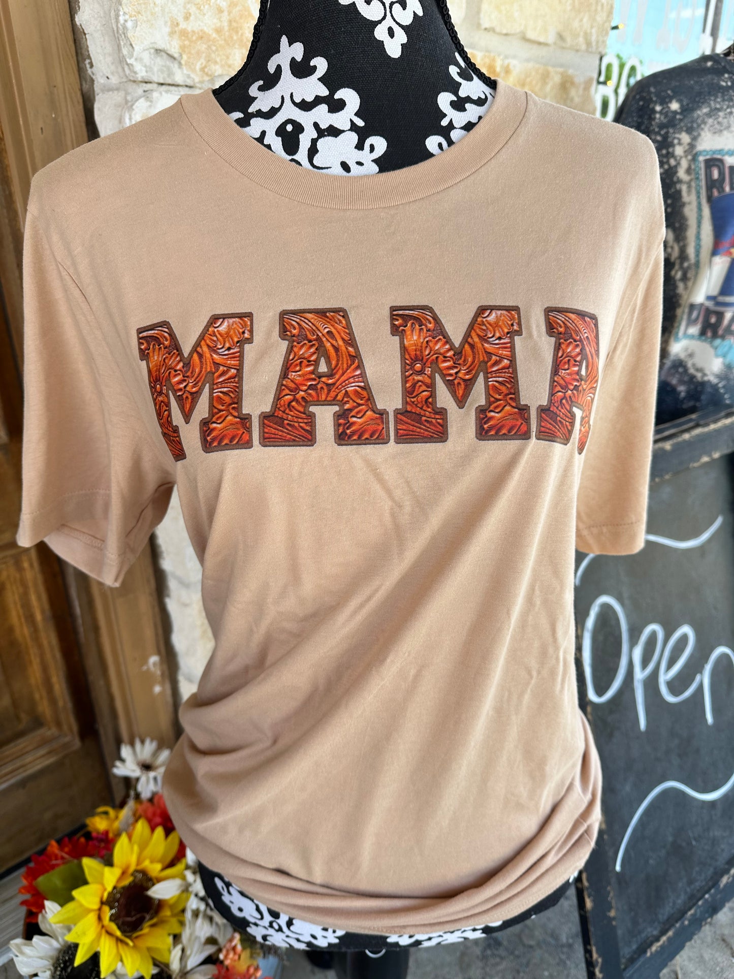 Faux Leather Embroidered MAMA Tee - 2 Color Options