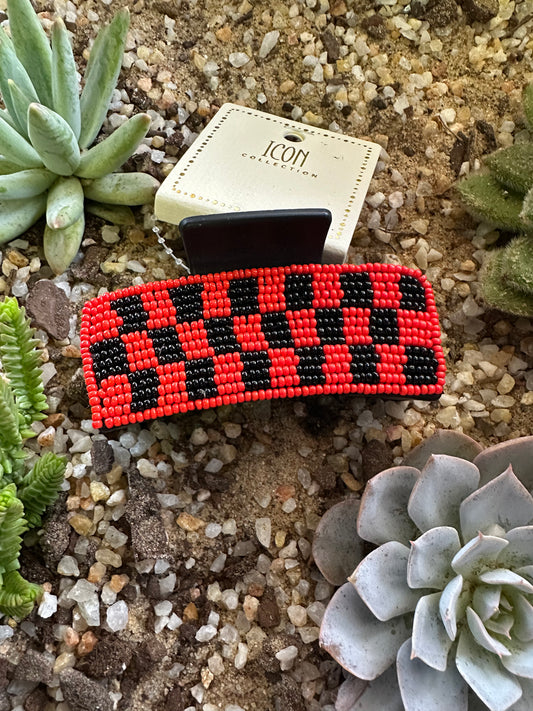 Red and Black Seed Bead 3IN Claw Clip