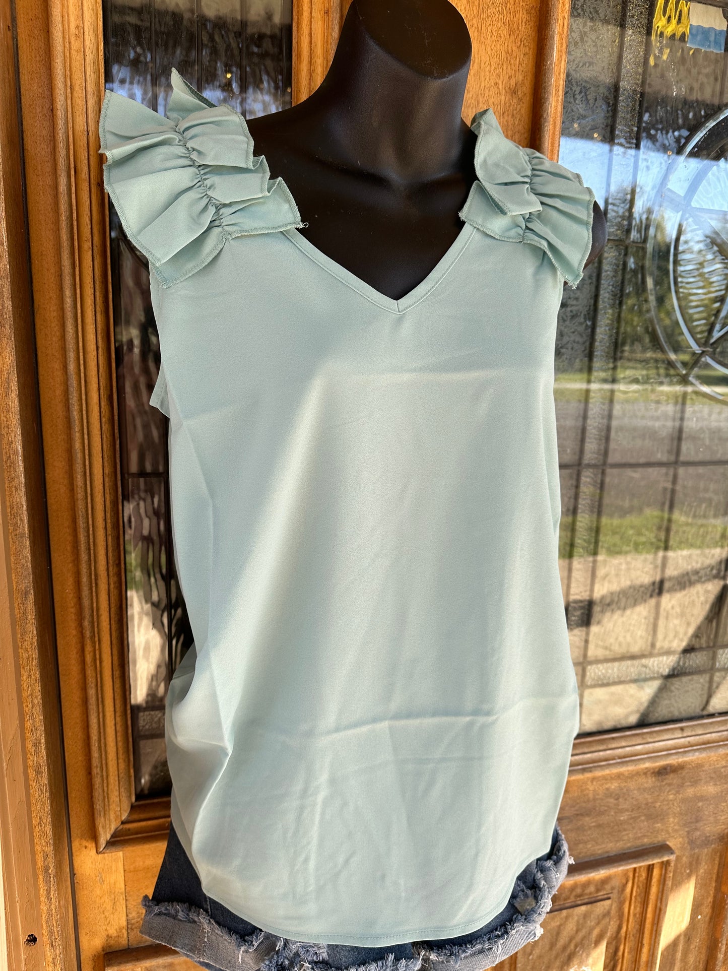 Ruffle Sleeveless Top - Dusty Mint