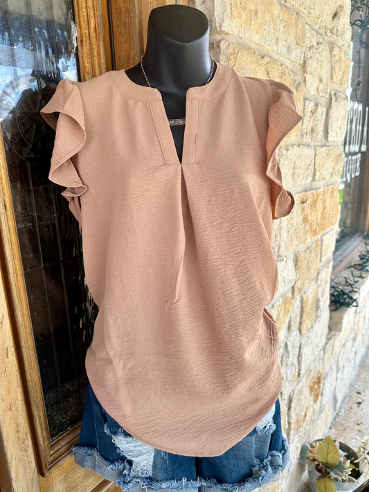 Tan Air Flow Ruffle Sleeve Top