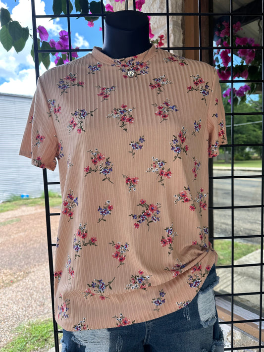 Mocked Neck Floral Ribbed Top - Peach
