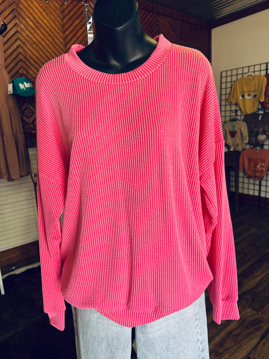 Ribbed Oversized Sweatshirt - Dark Pink