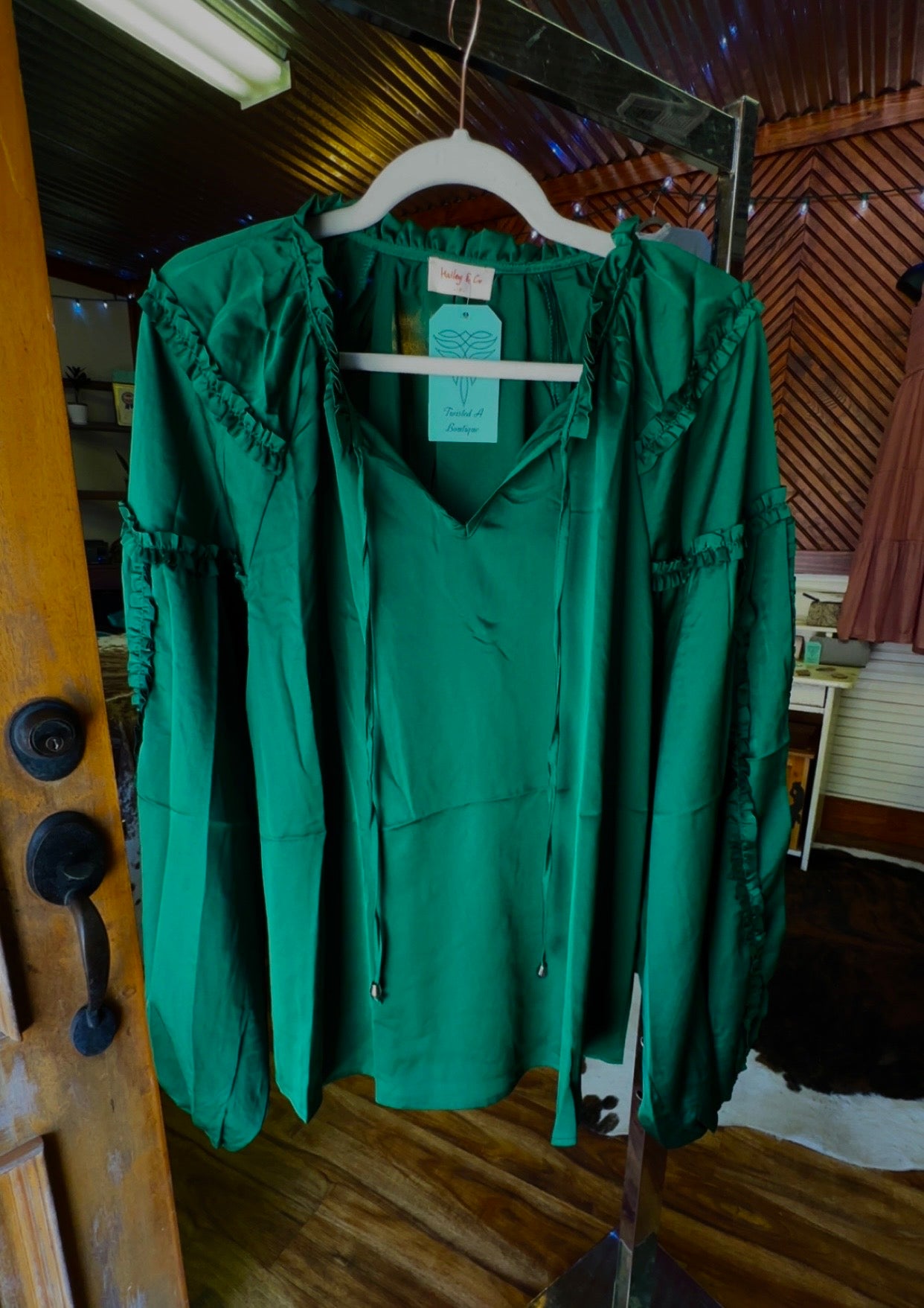 Green Ruffle Satin Blouse - Plus Size