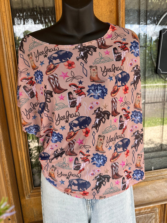 Western Collage Short Sleeve Mesh Top