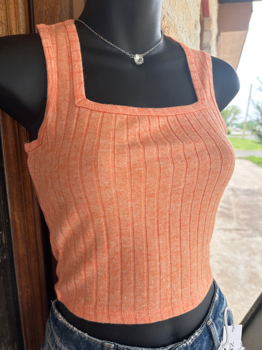 Ribbed Square Neck Cropped Sleeveless Top - Heather Orange