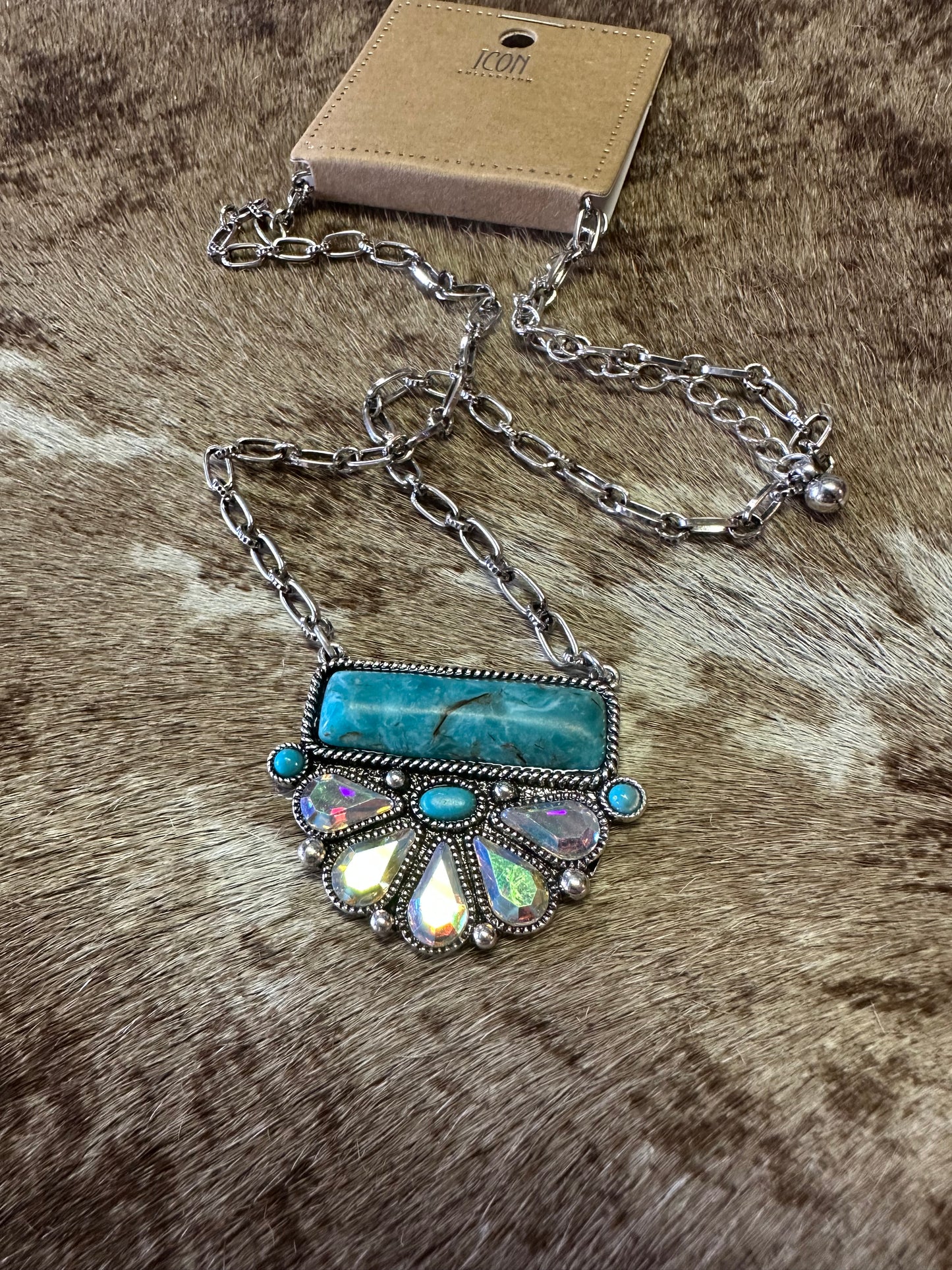 Turquoise Bluffstone Blaze Silvertone Necklace