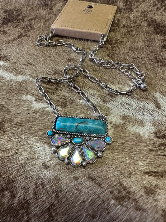 Turquoise Bluffstone Blaze Silvertone Necklace
