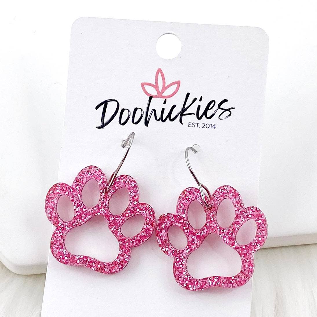 1" Pink Out Acrylic Cutout School Spirit Paws - Breast Cancer Awareness Earrings: Glittery Pink
