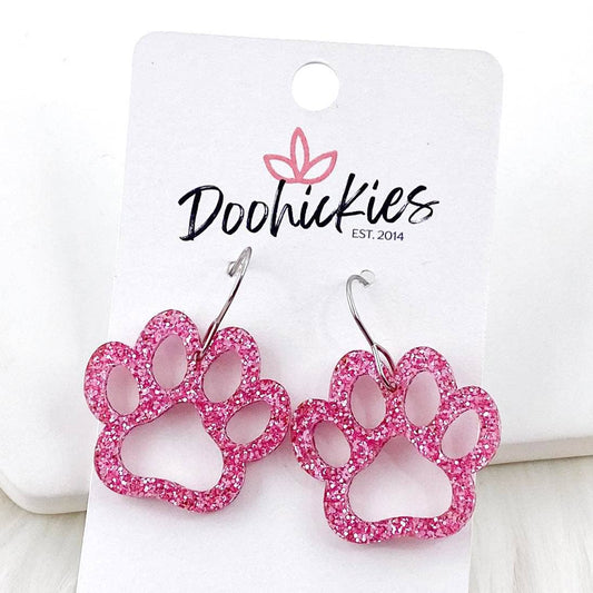 1" Pink Out Acrylic Cutout School Spirit Paws - Breast Cancer Awareness Earrings: Glittery Pink