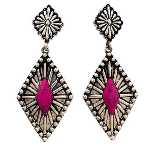 Diamond Navajo Sun Ray Stone Dangle Earrings: Pink
