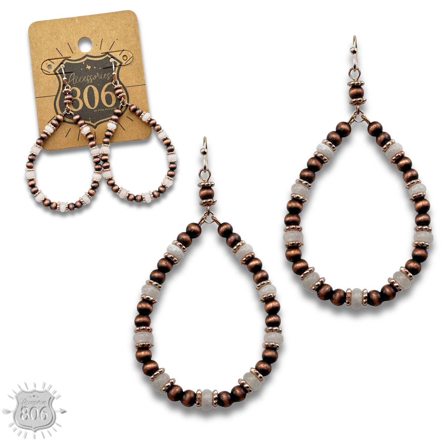 Copper and stone bead teardrop earring - LC: White