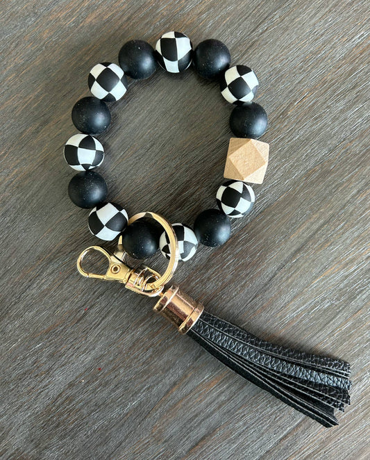 Racing Fan Black and White Checkered Wristlet Keychain: Black