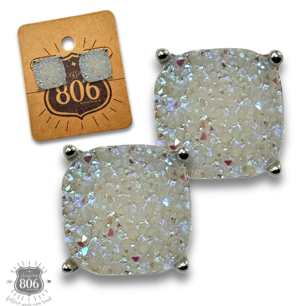 Square faux druzy post earring: White