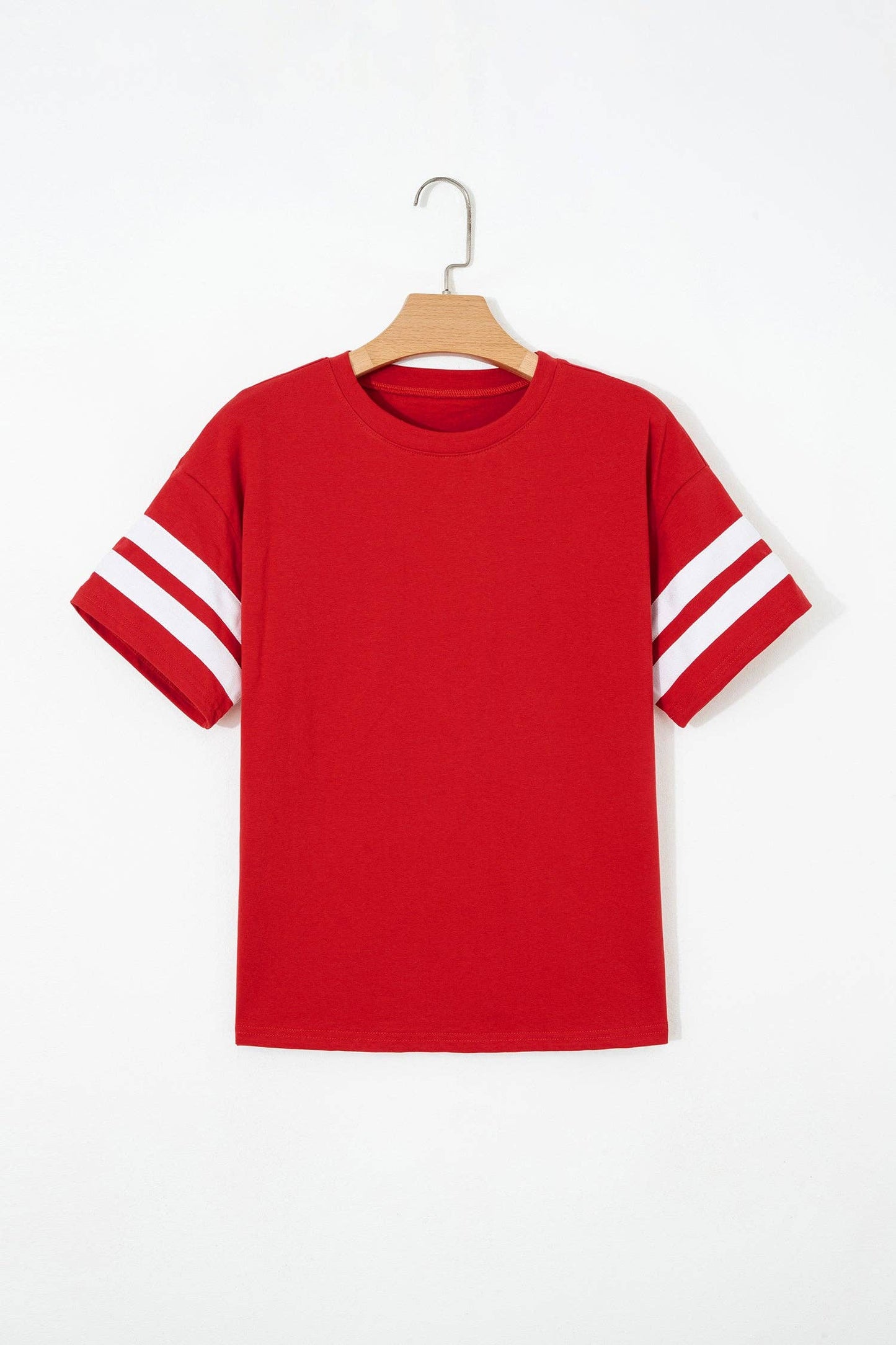 PRETTY BASH Varsity Stripe Crew Neck Short Sleeve T-Shirt: Fiery Red