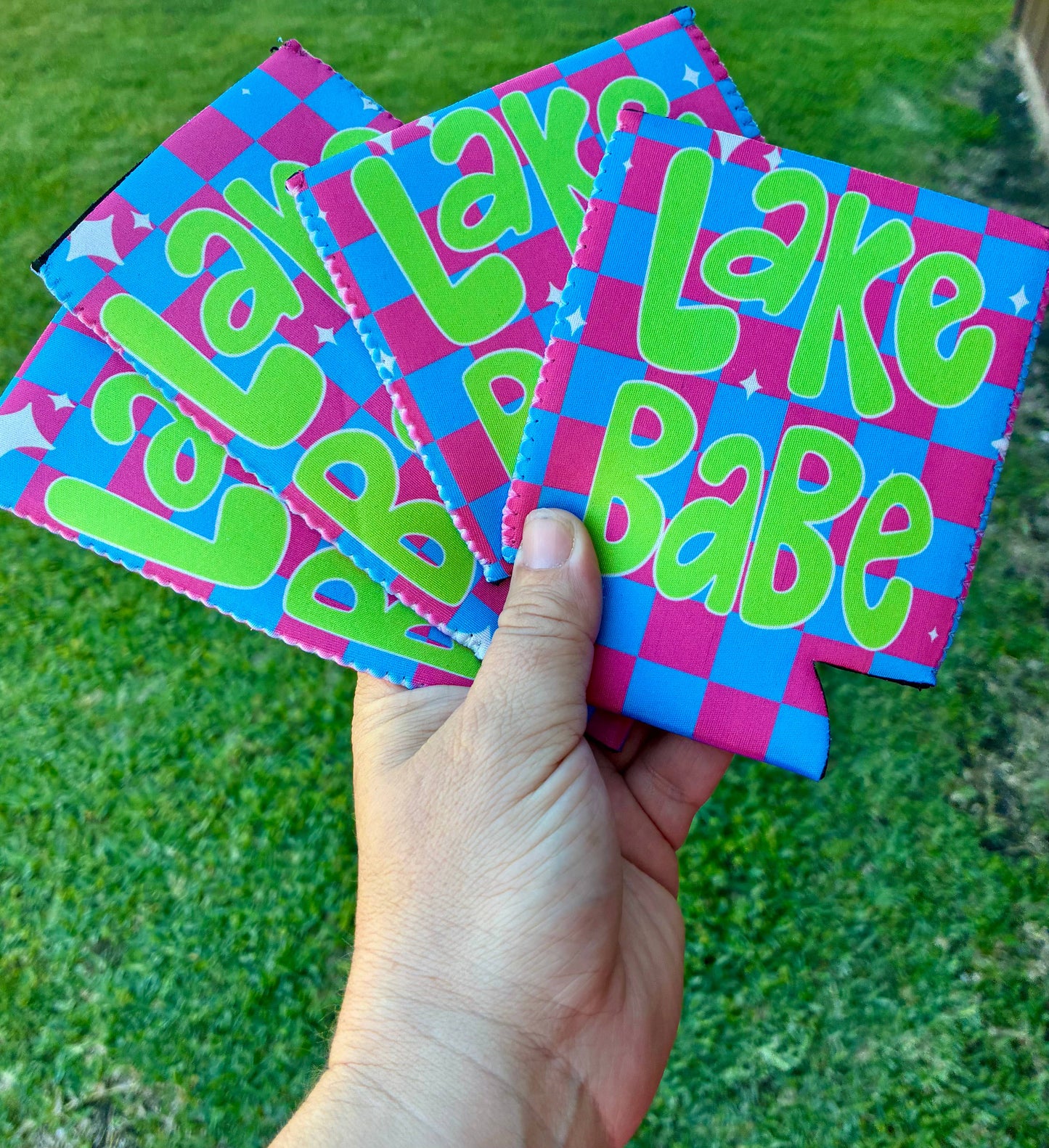 Lake babe summer checkered print koozies: Slims